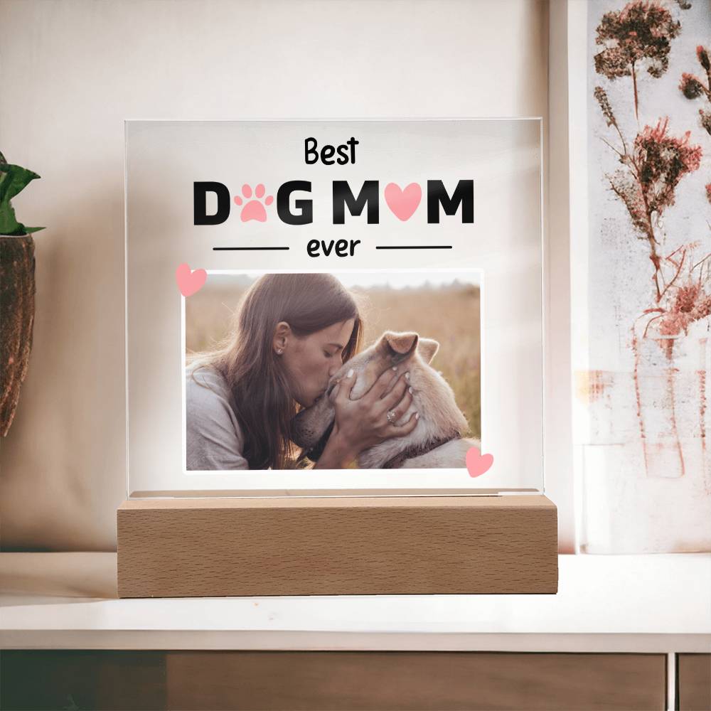Best Dog Mom Ever Custom Square Acrylic Plaque With Optional LED Wooden Base, Mom Dog Personalized - keepsaken