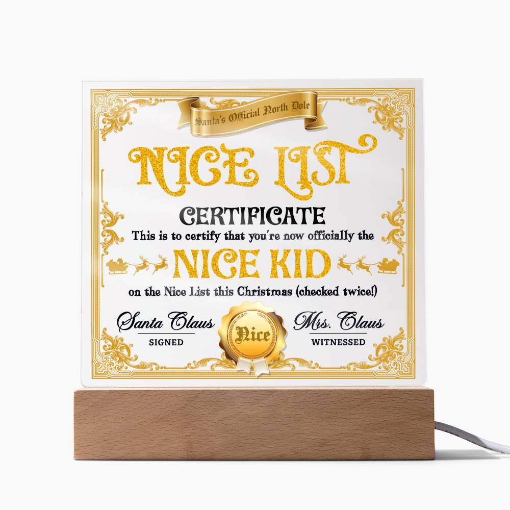 Christmas Nice List, Nice Kid Award Square Acrylic Plaque, Christmas Themed Decor, Nice List Certificate - keepsaken
