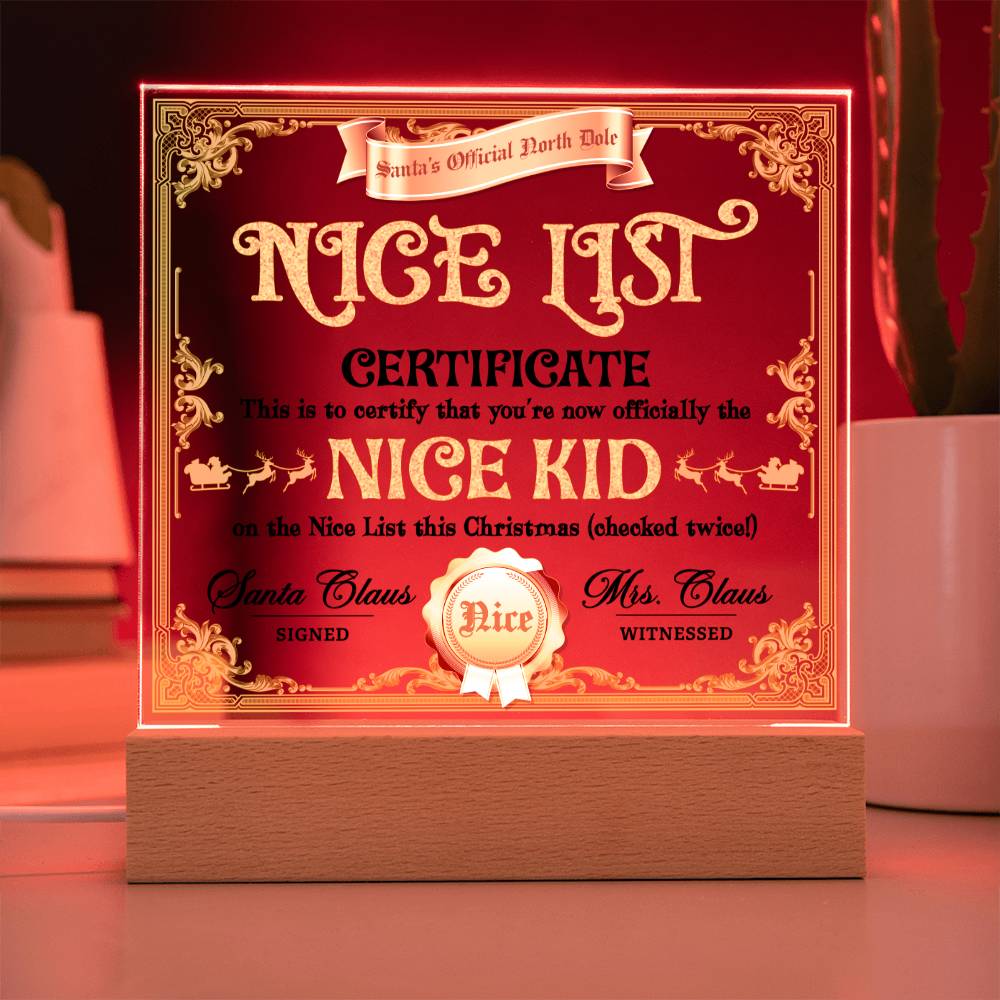 Christmas Nice List, Nice Kid Award Square Acrylic Plaque, Christmas Themed Decor, Nice List Certificate - keepsaken