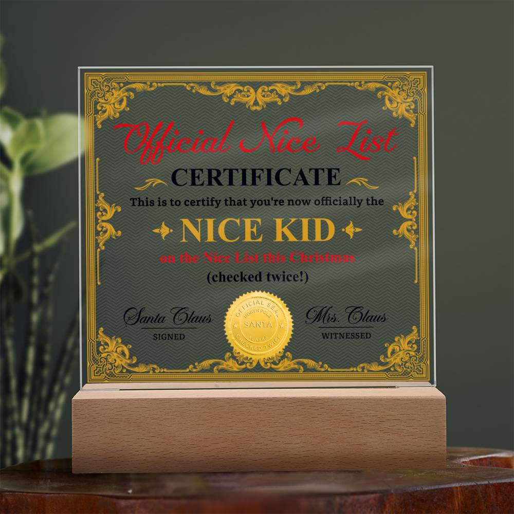 Christmas Official Nice List Certificate From Santa Square Acrylic Plaque - keepsaken