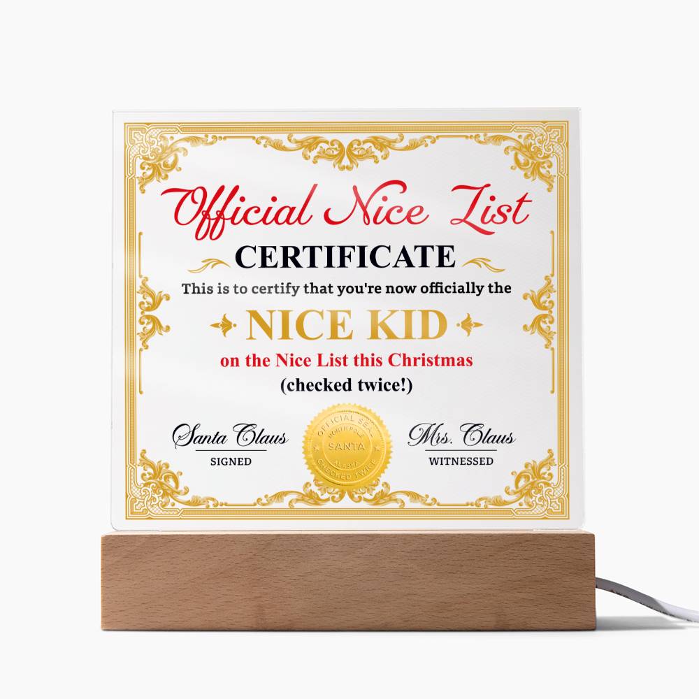 Christmas Official Nice List Certificate From Santa Square Acrylic Plaque - keepsaken