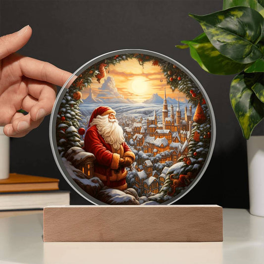 Christmas Santa Claus Looking Over Town Circle Acrylic Plaque, Christmas Themed Decor - keepsaken