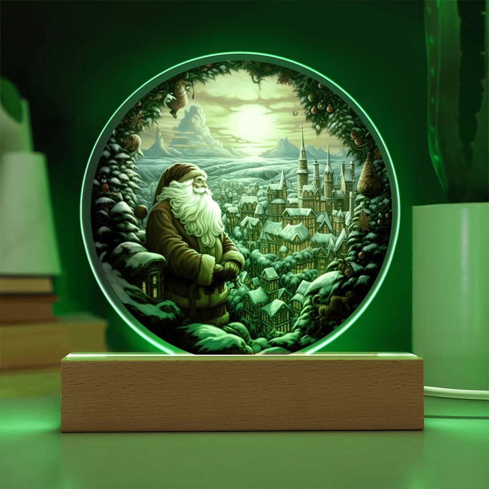 Christmas Santa Claus Looking Over Town Circle Acrylic Plaque, Christmas Themed Decor - keepsaken