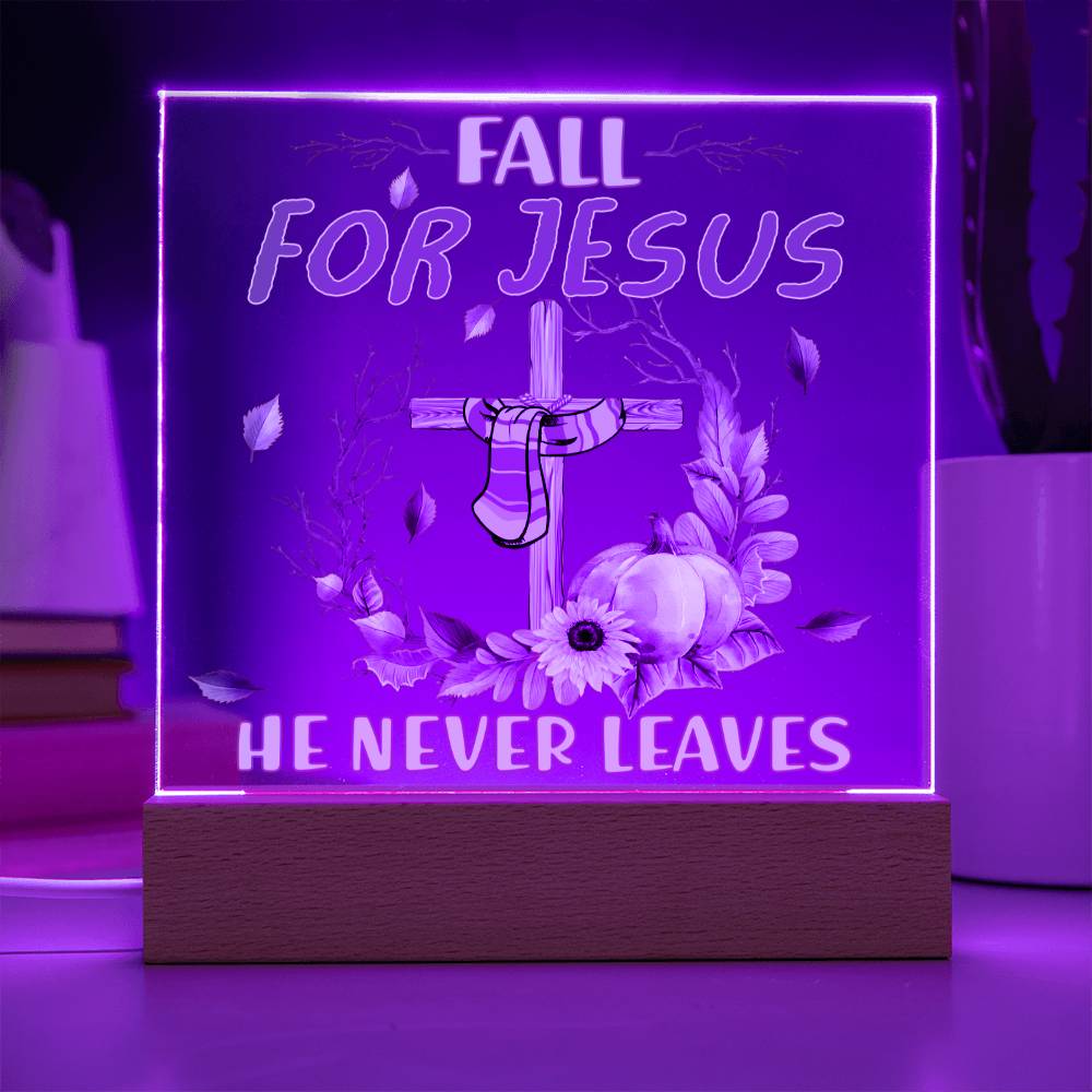 Fall For Jesus He Never Leaves Square Acrylic Plaque, Fall Themed Religious Decor - keepsaken