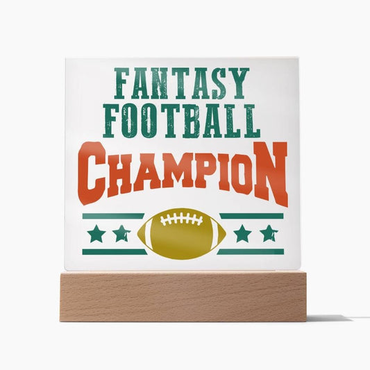 Fantasy Football Champion Acrylic Square Plaque, Fantasy Football Award, Fantasy Football Gift With Optional LED Wooden Base - keepsaken