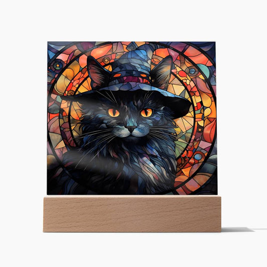 Halloween Black Cat Square Acrylic Plaque, Halloween Decor - keepsaken