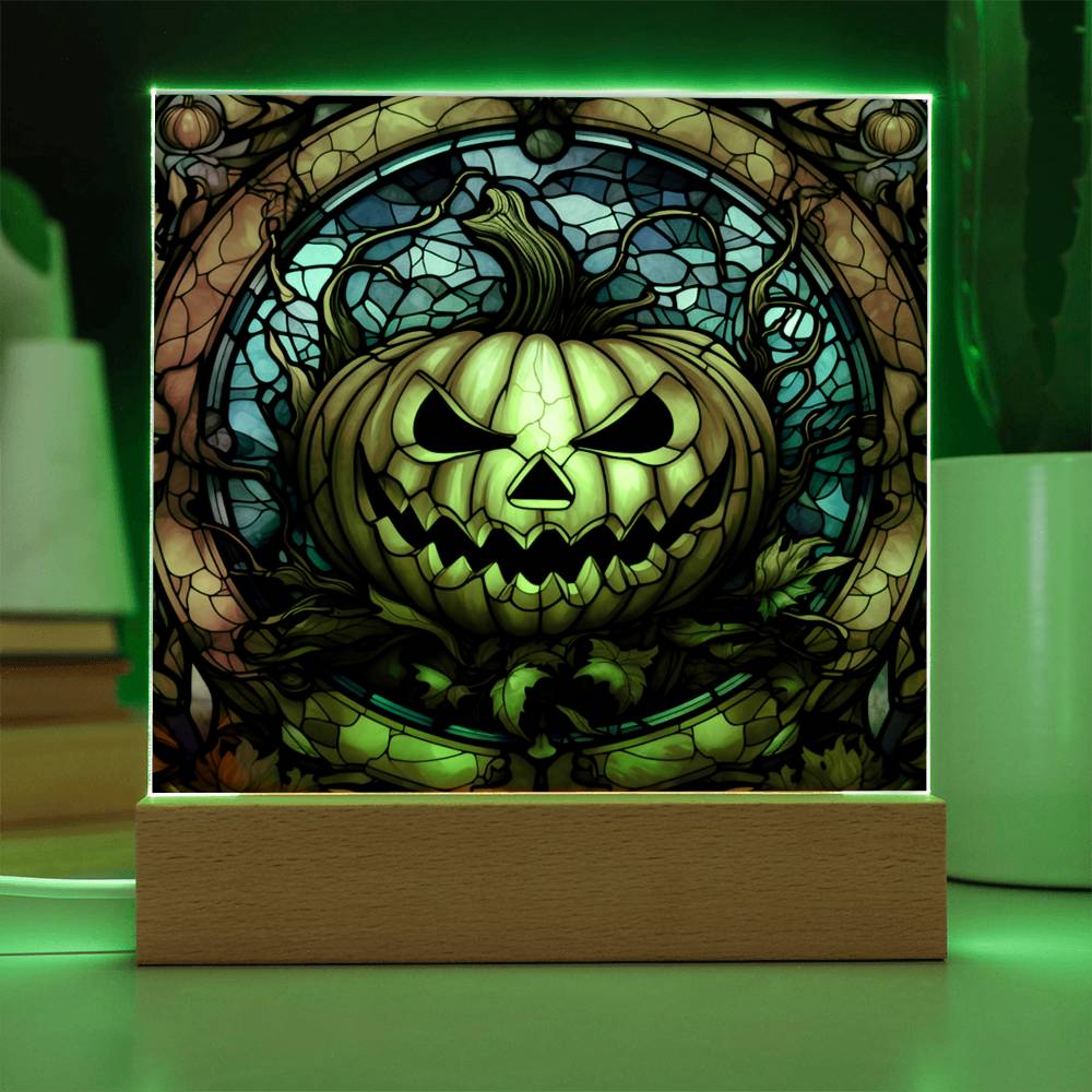 Halloween Pumpkin Stained Glass Style Square Acrylic Plaque, Halloween Decor - keepsaken