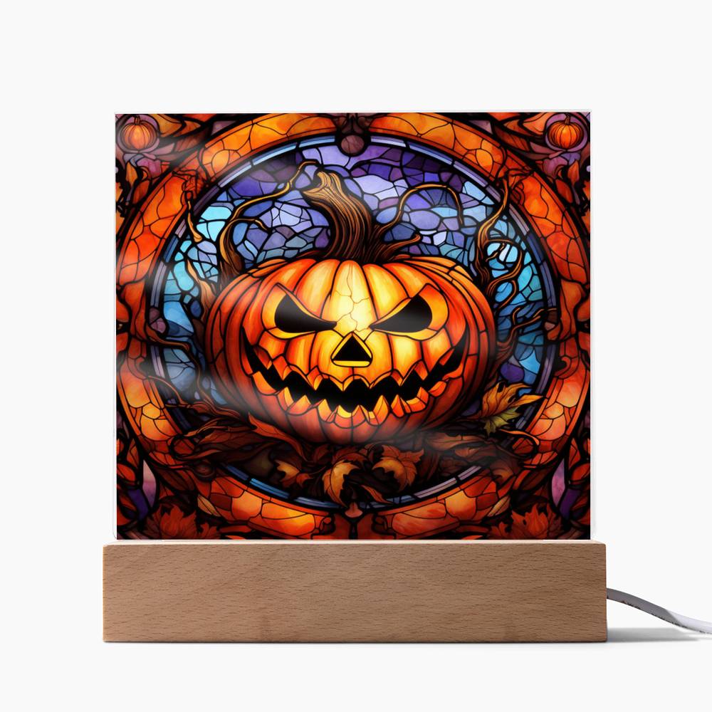 Halloween Pumpkin Stained Glass Style Square Acrylic Plaque, Halloween Decor - keepsaken