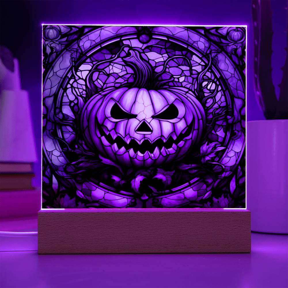 Halloween Pumpkin Stained Glass Style Square Acrylic Plaque, Halloween Decor - keepsaken