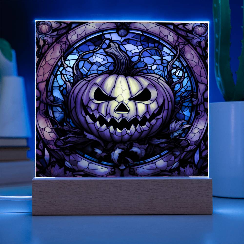 Halloween Pumpkin Stained Glass Style Square Acrylic Plaque, Halloween Decor - keepsaken