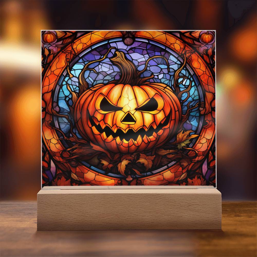 Halloween Pumpkin Stained Glass Style Square Acrylic Plaque, Halloween Decor - keepsaken