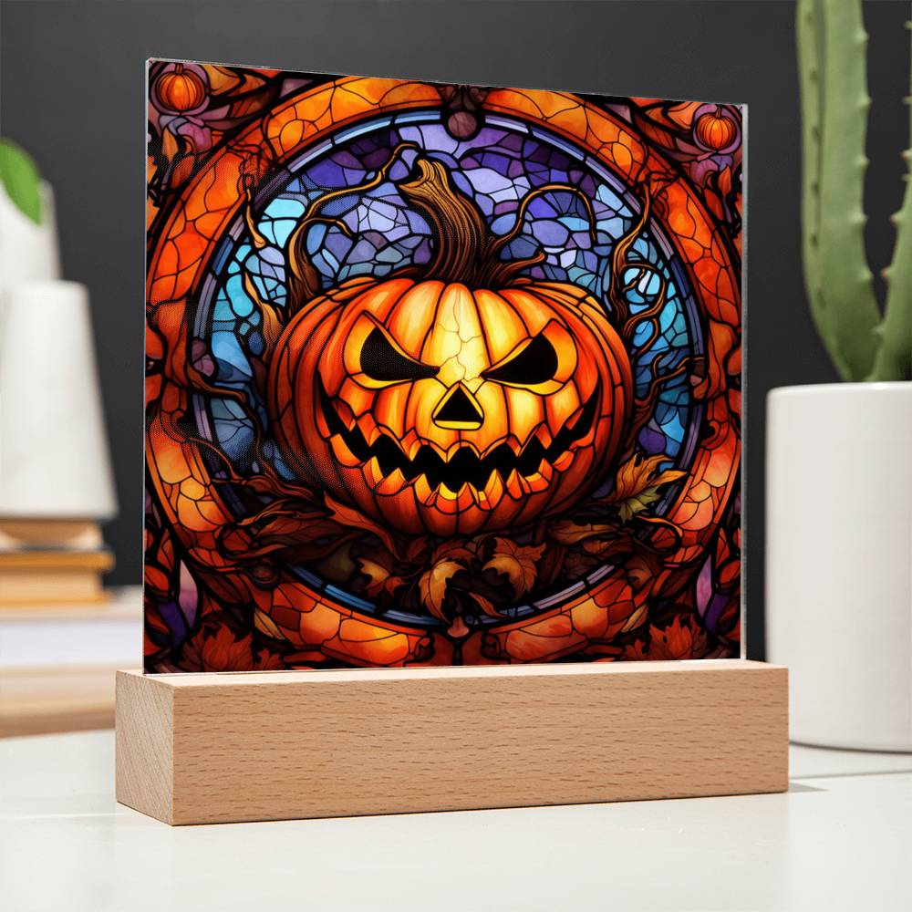 Halloween Pumpkin Stained Glass Style Square Acrylic Plaque, Halloween Decor - keepsaken