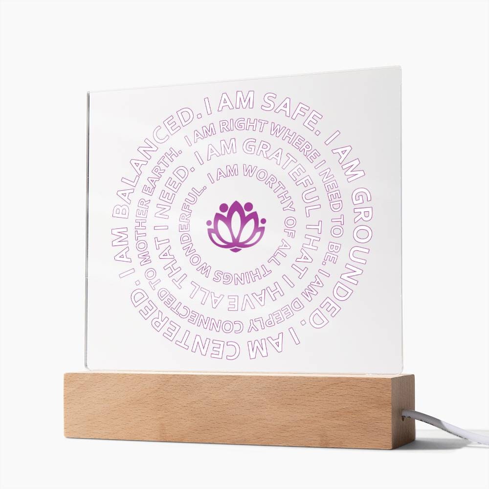 Mantra I Am Safe, I Am Grounded, I Am Centered, I Am balanced, Square Acrylic Plaque With Optional LED Base, Yoga Gift, Mantra Gift - keepsaken