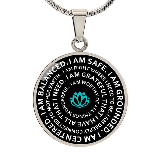 Mantra Necklace, I Am Safe, I Am Grounded, I Am Centered, Mantra, Yoga, Mantra Gift, Circle Pendant, Teal Lotus - keepsaken