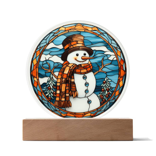 Stained Glass Style Christmas Snowman Circle Acrylic Plaque, Christmas Themed Decor - keepsaken
