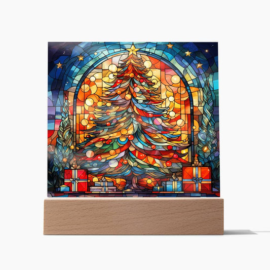 Stained Glass Style Christmas Tree Square Acrylic Plaque, Christmas Themed Decor - keepsaken