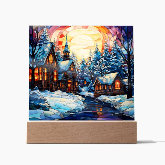Stained Glass Style Christmas Village Square Acrylic Plaque, Christmas Themed Decor - keepsaken