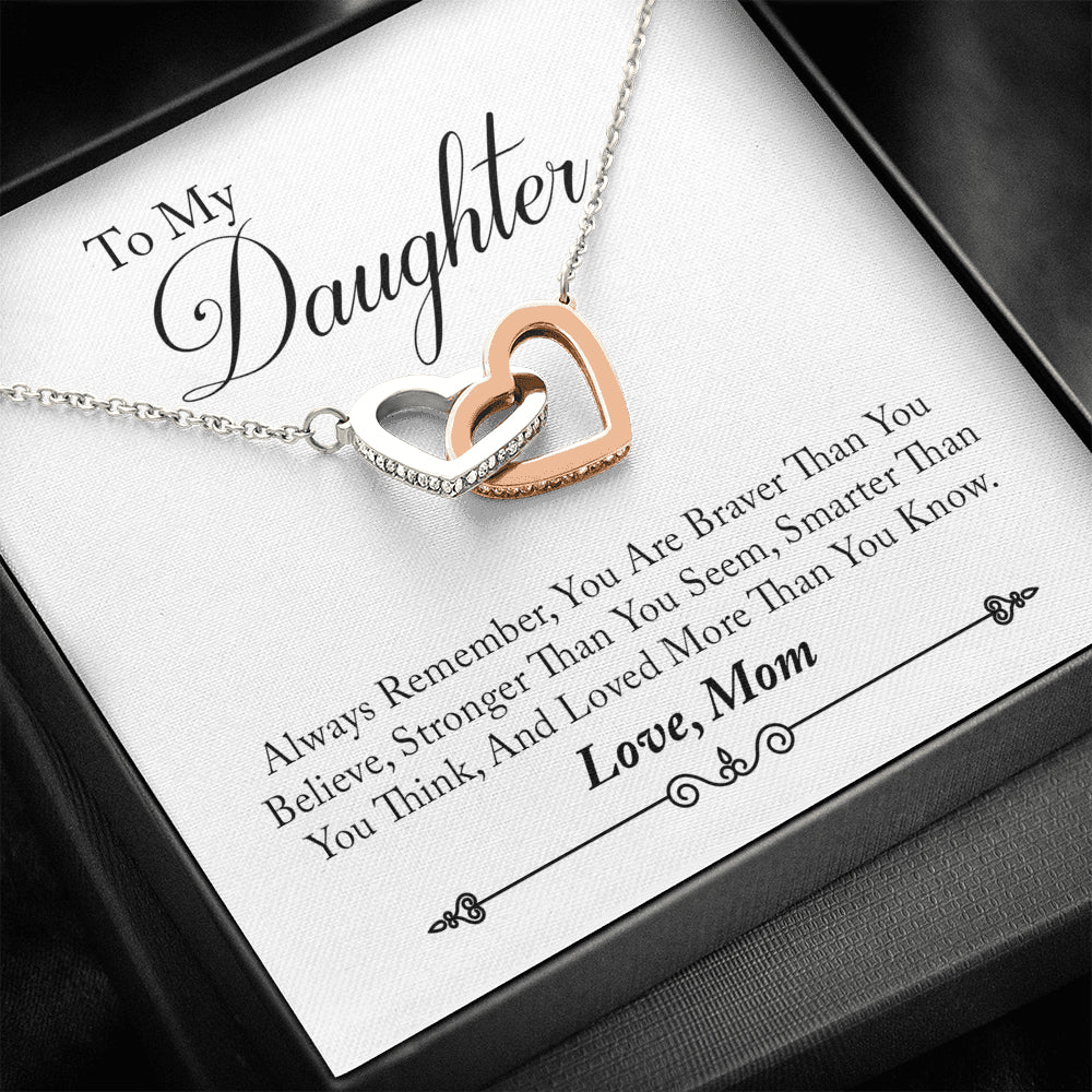 To My Daughter Love Mom Interlocking Heart Necklace, Daughter Gift, Heart Necklace, Braver Than You Think - keepsaken