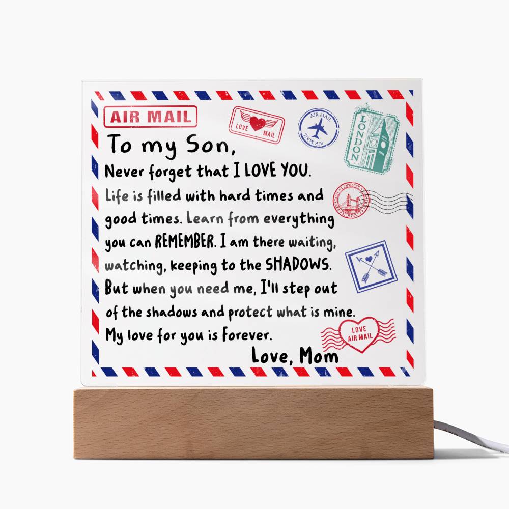 To My Son Airmail Envelope Never Forget That I Love You Square Acrylic - keepsaken