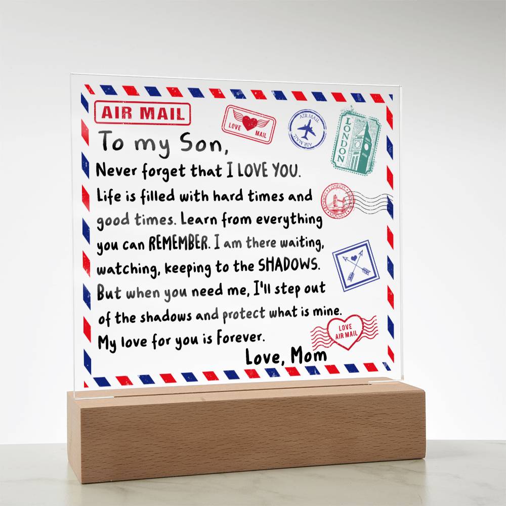 To My Son Airmail Envelope Never Forget That I Love You Square Acrylic - keepsaken