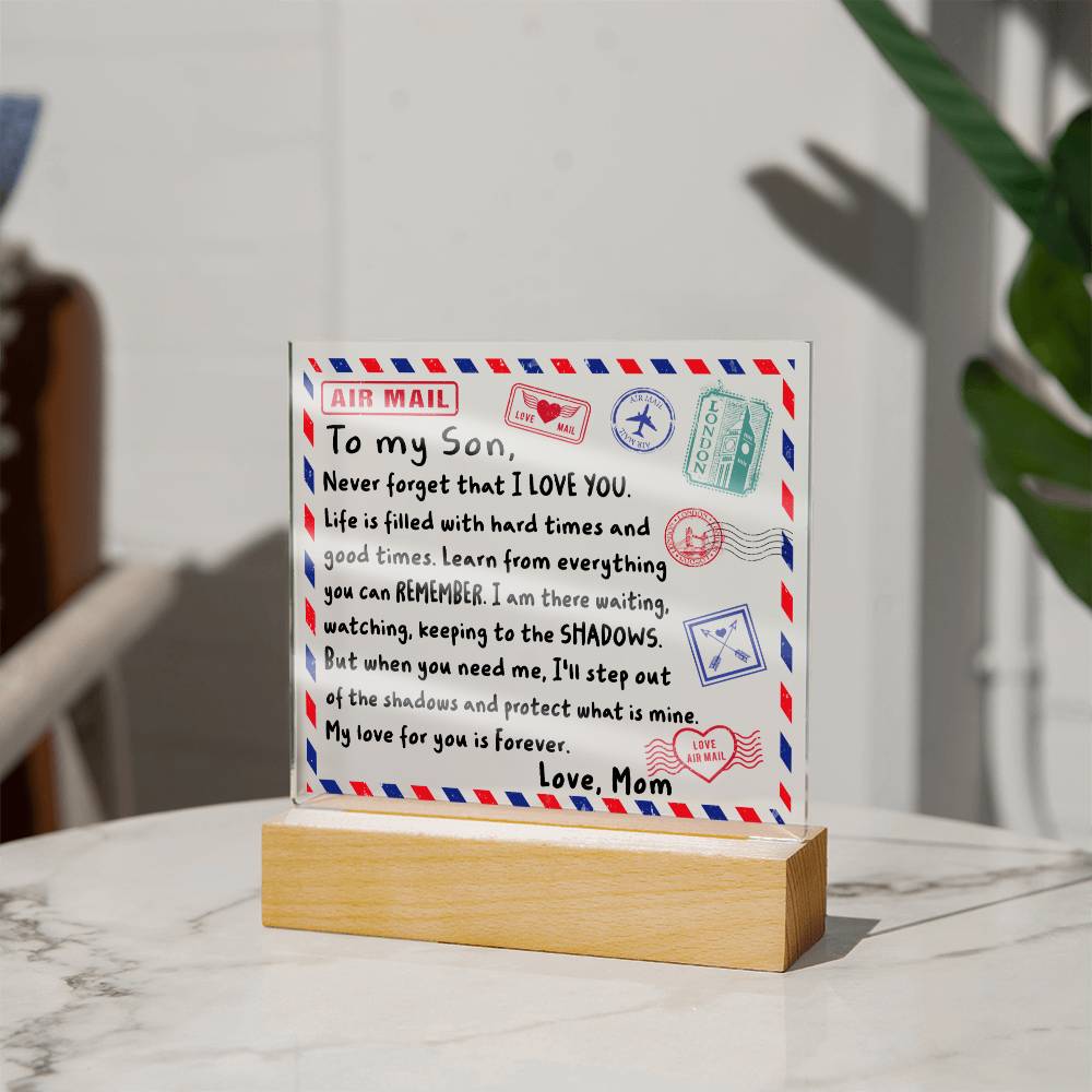 To My Son Airmail Envelope Never Forget That I Love You Square Acrylic - keepsaken