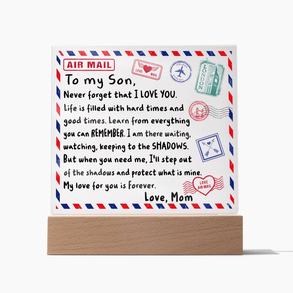 To My Son Airmail Envelope Never Forget That I Love You Square Acrylic - keepsaken