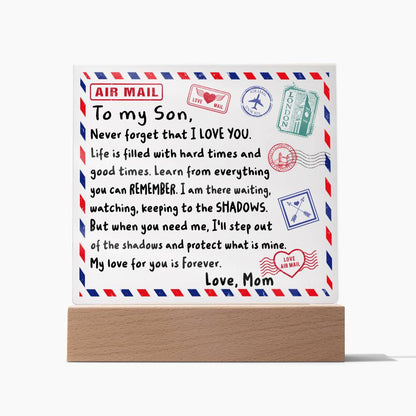 To My Son Airmail Envelope Never Forget That I Love You Square Acrylic - keepsaken