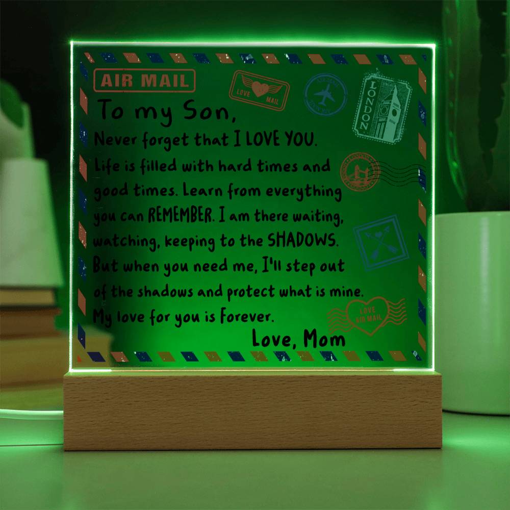 To My Son Airmail Envelope Never Forget That I Love You Square Acrylic - keepsaken