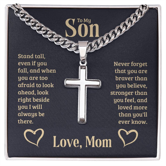 To My Son Love Mom Cuban Chain with Artisan Cross Necklace With Custom Engraving On Back - keepsaken