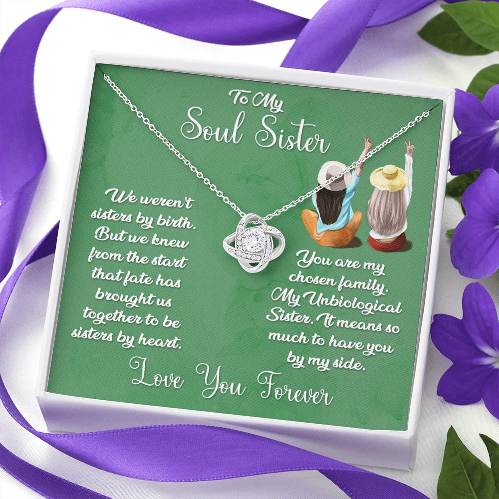 To My Soul Sister Love Knot Necklace, Sage Card, Best Friend Necklace, Blonde & Brunette - keepsaken