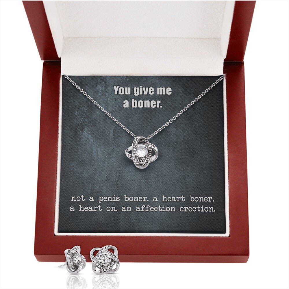 You Give Me A Heart Boner, An Affection Erection, Love Knot Earring and Necklace Set, Funny & Sarcastic Love For Her, Mature Gift - keepsaken